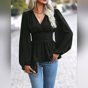 NEW Chic Ruched Waist Lantern Sleeve Peplum Top Blouse Black